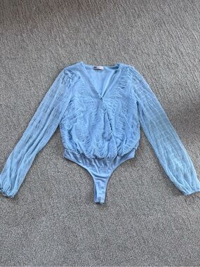 SO Blue Sheer Wrap-Front Long Sleeve Bodysuit